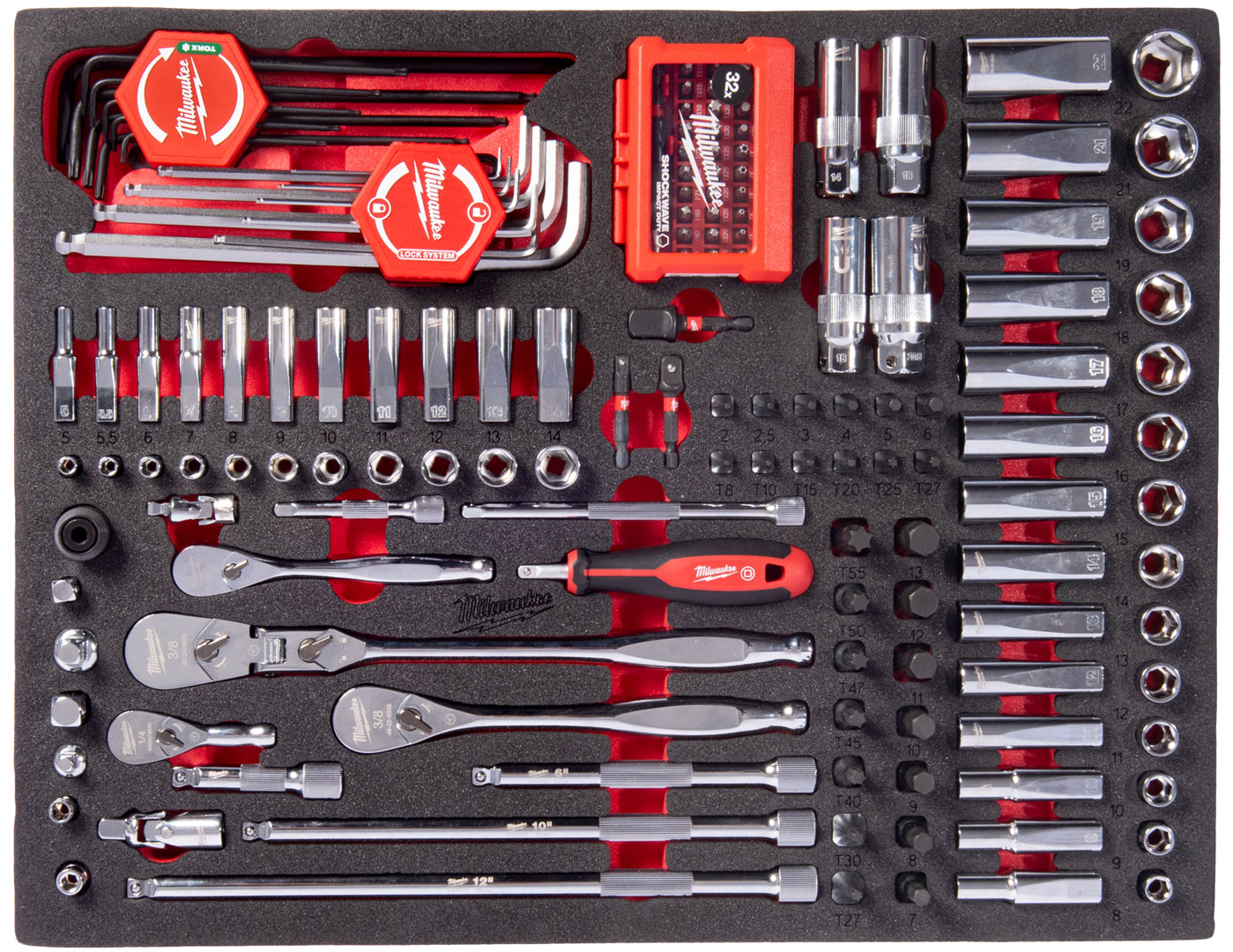 Wsad piankowy z zestawem grzechotek, nasadek i bitów ¼″ i ⅜″ Milwaukee