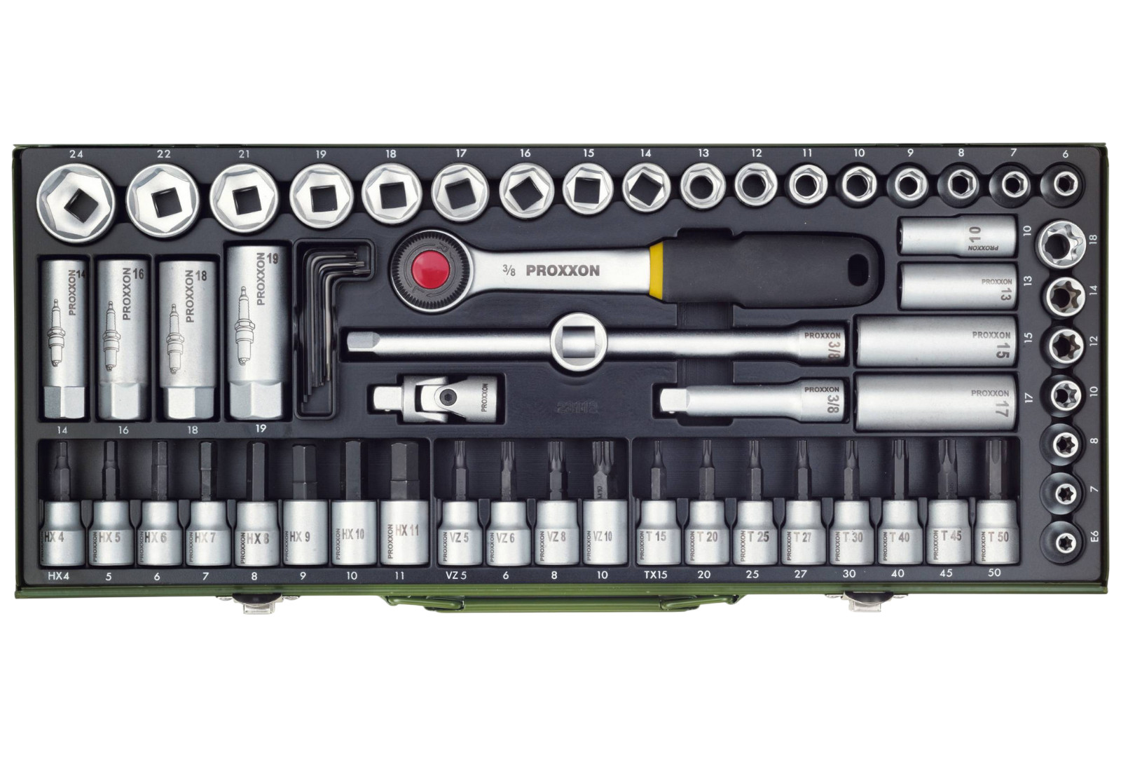 Uniwersalny zestaw kluczy nasadowych Proxxon 3/8" – 65 elementów