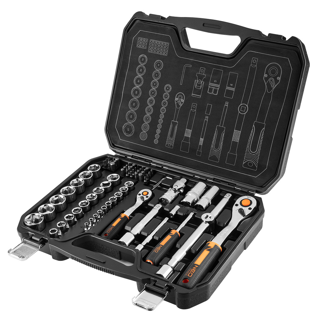 Kucze nasadowe NEO TOOLS zestaw 73 szt. CrV 1/2" 1/4"