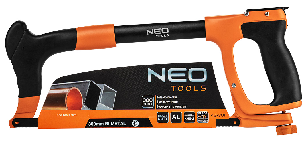 Piła do metalu NEO TOOLS heavy duty 300 mm z pojemnikiem na brzeszczoty, aluminium, dwukomponentowy uchwyt