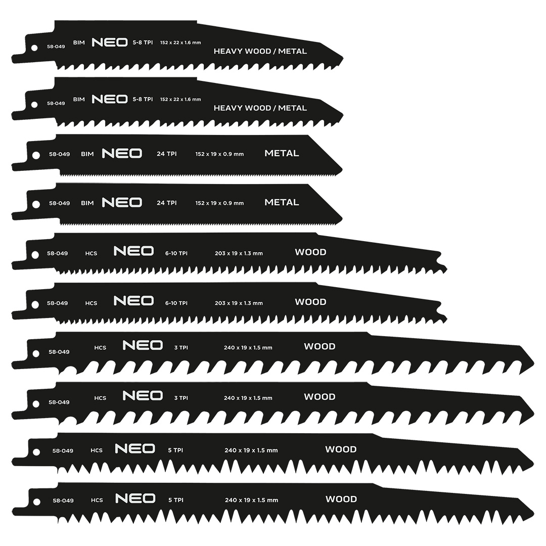 Brzeszczoty do piły szablastej NEO TOOLS HCS/BIM zestaw 10 szt.