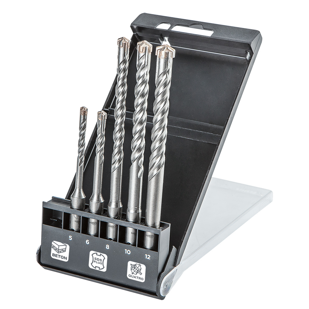 Wiertła do betonu SDS Plus NEO TOOLS quatro zestaw 5 szt. 5, 6 x 110 mm + 8, 10, 12 x 160 mm