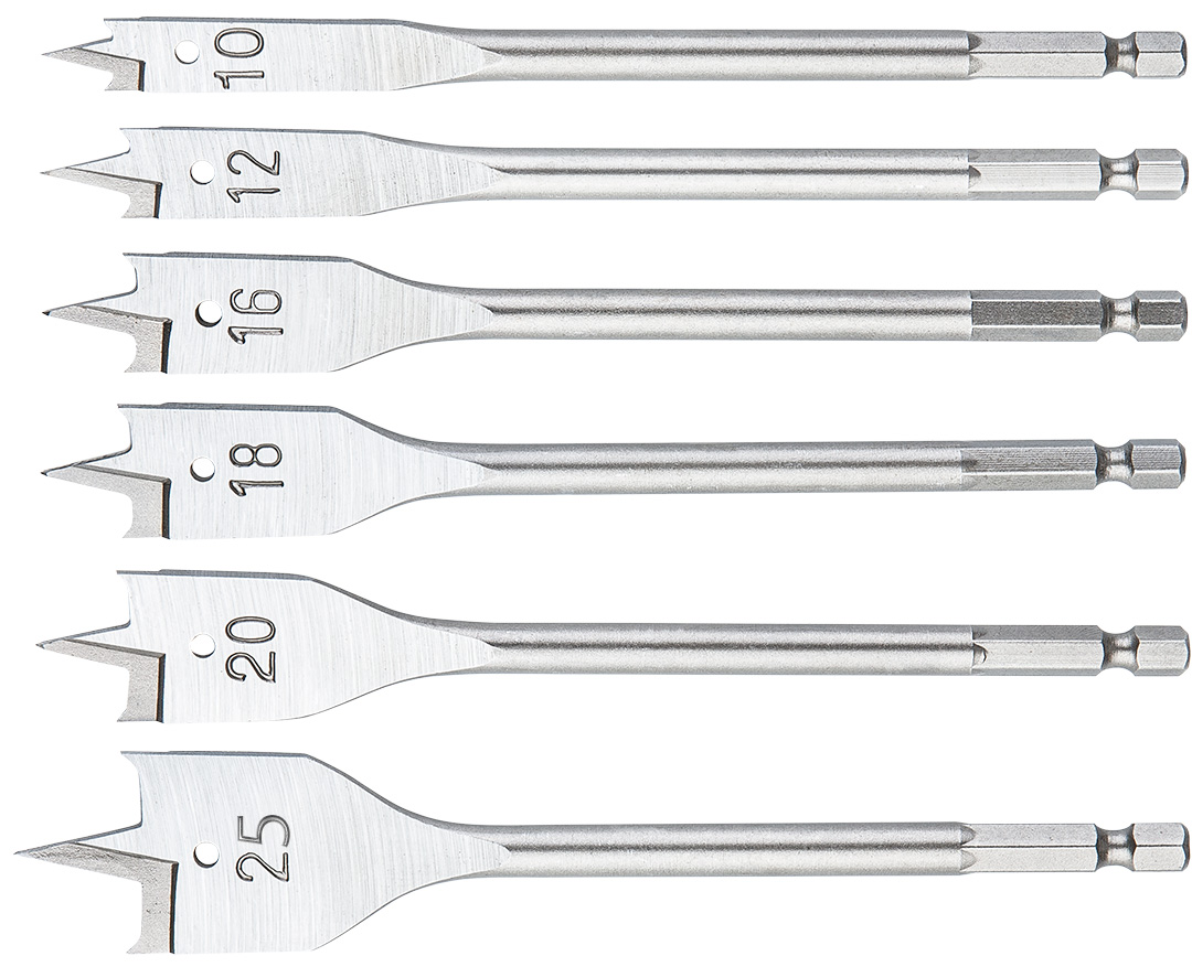 Wiertła do drewna łopatkowe NEO TOOLS 10,12,16,18,20,25mm, zestaw 6 szt.