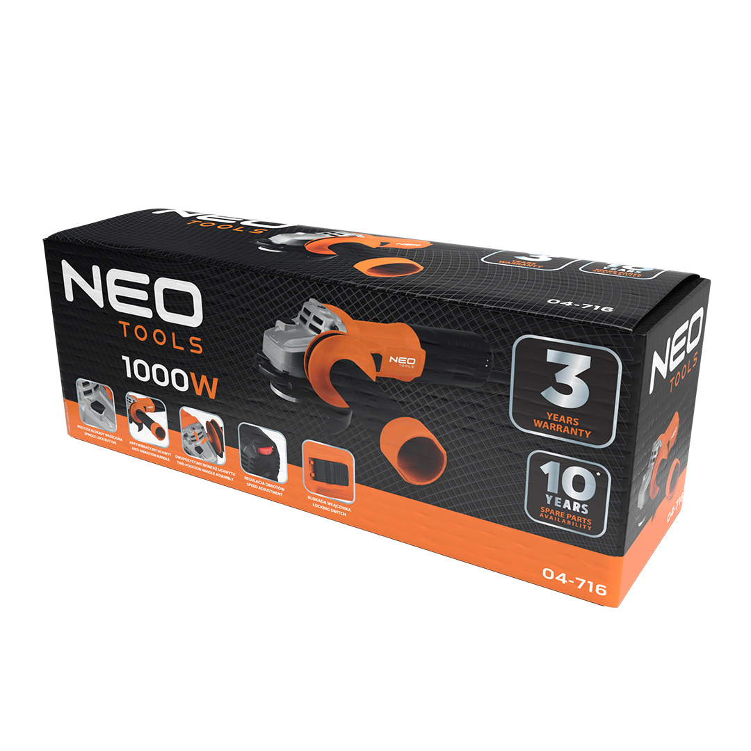 Szlifierka kątowa NEO TOOLS 1000W tarcza 125 x 22.2 mm, regulowane obroty 3000-12000 min-1